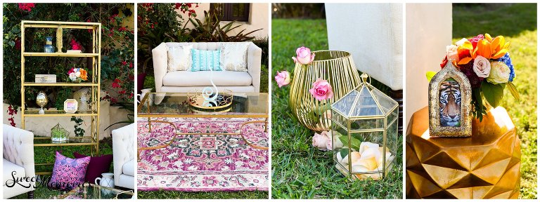 Vibrant floral arrangements, luxurious gold details, a sparkling bridal gown…and a cozy lounge area with a magic carpet! This styled shoot is the perfect nod to Disney’s Aladdin.